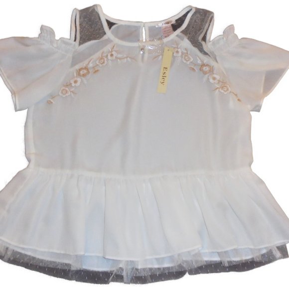 Blouse Floral Embroidery Cream Lace Trimmed Top - Picture 1 of 11